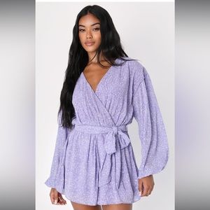 Weekend Charm Lilac Floral Plisse Belted Balloon Sleeve Romper Size XL
